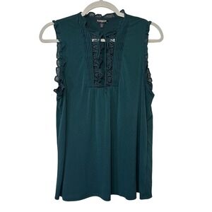 EXPRESS Womens Top Medium‎ Green Sleeveless Ruffle Trim Lace Tie Neck Blouse
